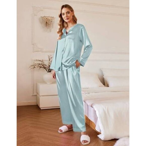 Ekouaer Women's 2-Piece Silk Satin PJs- Comfy Long Sleeve Sleep & Lounge Set XXL - Picture 2 of 6
